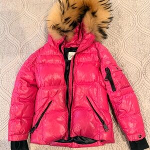 SAM. Pink and Black Puffer Jacket with Faux Fur